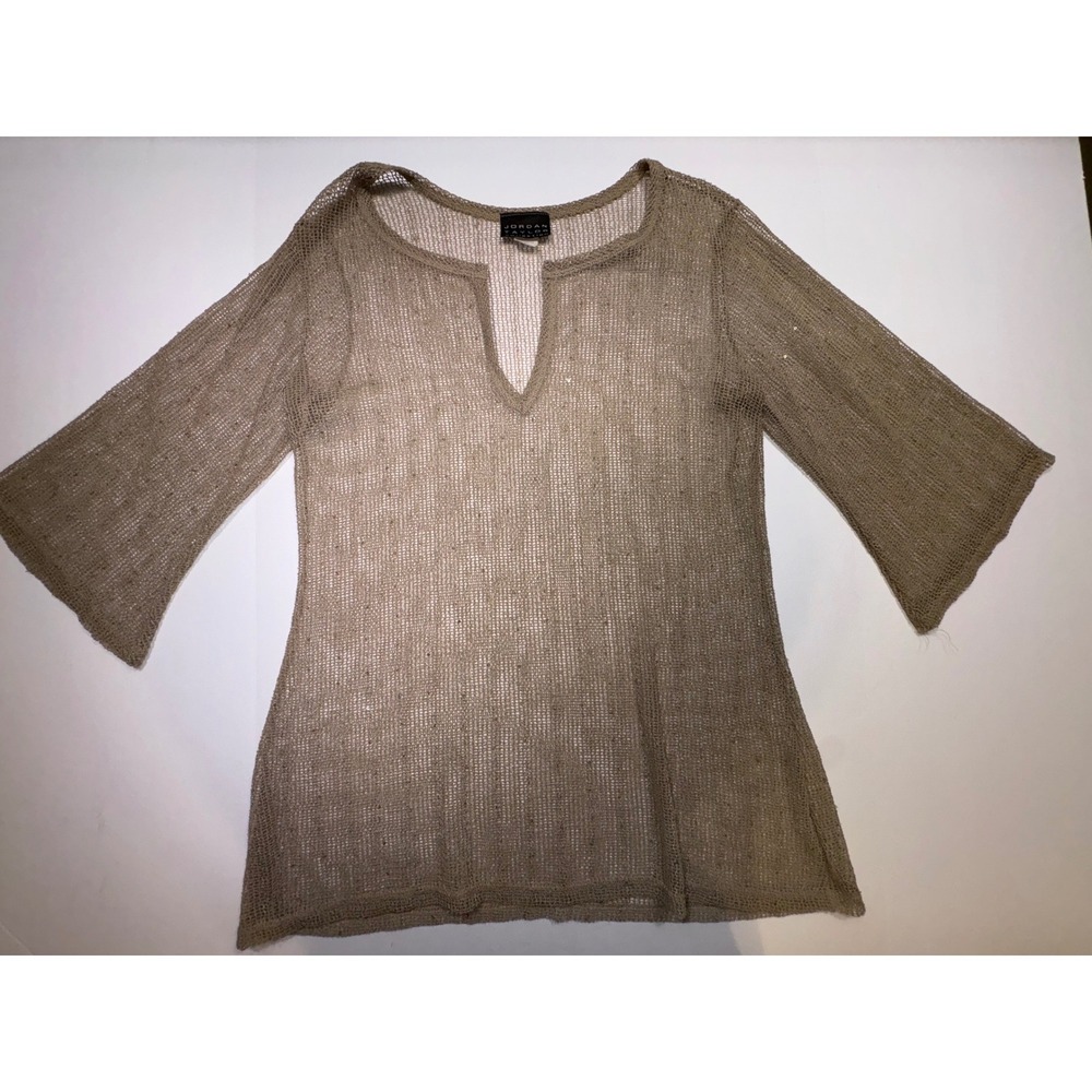 Jordan Taylor Collection Mesh Sequin Tunic Top Gold Taupe Bell Sleeve SQ-538 L